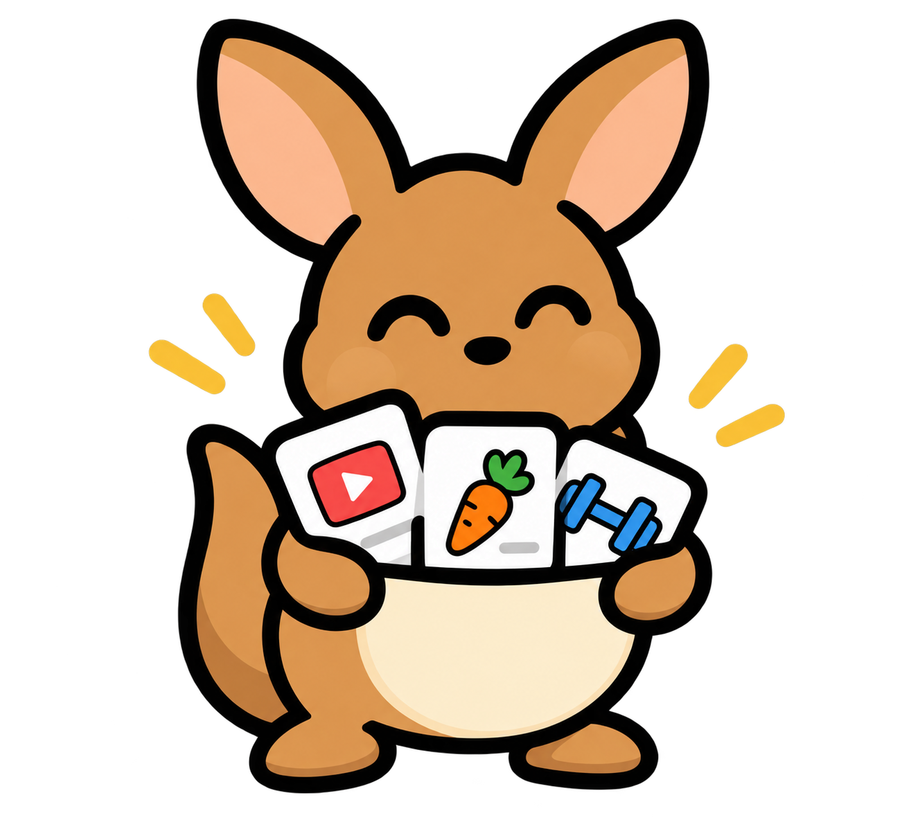 Kept kangaroo holding cards for videos, recipes and workouts